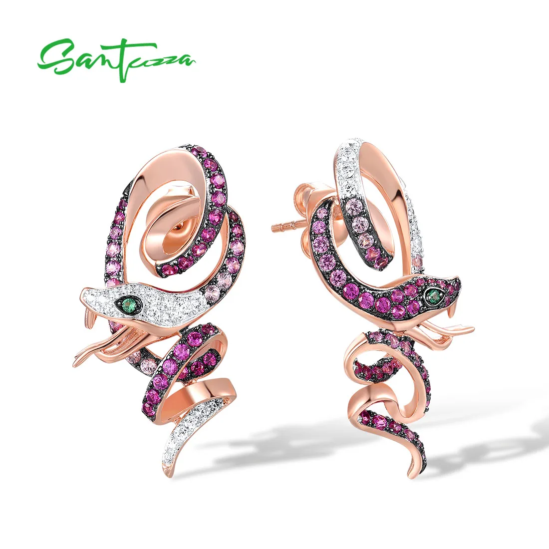 

SANTUZZA Authentic 925 Sterling Silver Stud Earrings For Women Sparkling Created Sapphire Ruby Cute Snake Animal Fine Jewelry