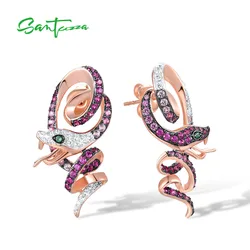 SANTUZZA Authentic 925 Sterling Silver Stud Earrings For Women Sparkling Created Sapphire Ruby Cute Snake Animal Fine Jewelry