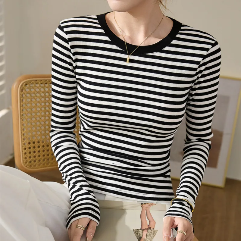 #0405 Black And White Striped T Shirt Women Round Neck Stretch Cotton Skinny Tee Shirt Femme Sexy Short T-shirt Long Sleeve