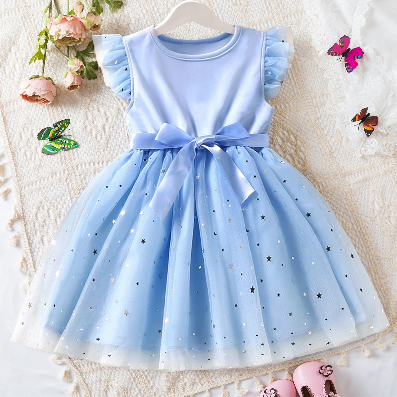 2-6 Year Little Girl Princess Dress Clothing 2024 Baby Girl Fly Sleeves Floral Fashion Dress Children Girl Daily Holiday Clothes