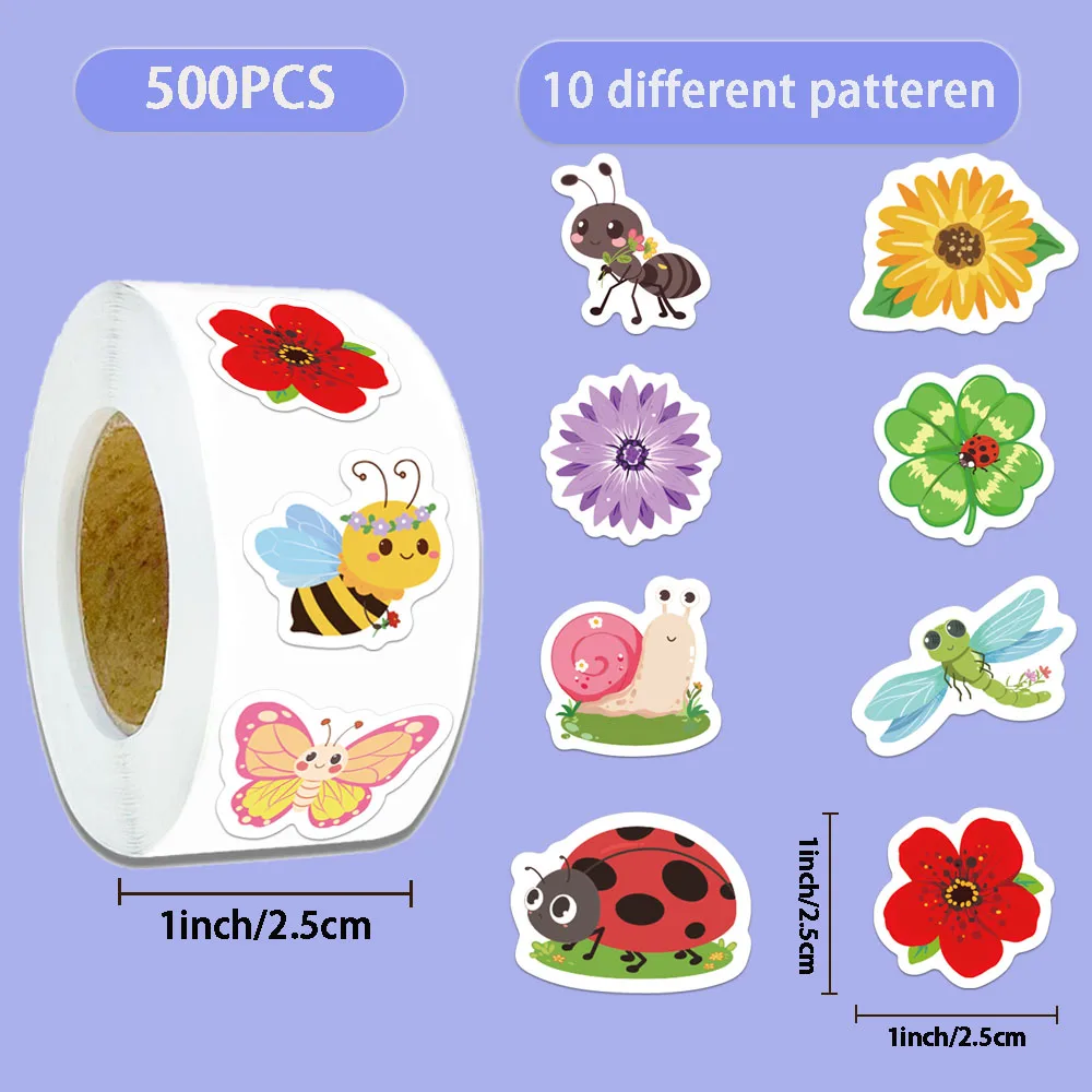 500PCS Creative Flower Insect Cartoon Personalized Roll up Stickers DIY Phone Case Notebook Water Cup Decorative Stickers