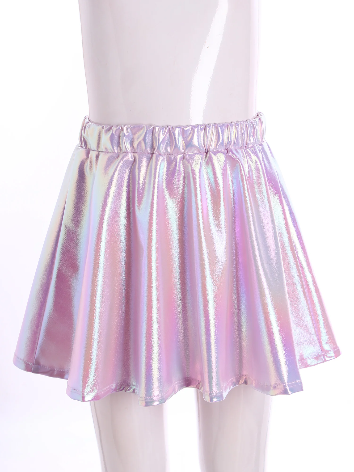 Fashion Glossy Shiny Girls Flared Pleated A-Line Mini Skater Skort Kids Metallic Scooter Miniskirt Jazz Cheerleading Dancewear