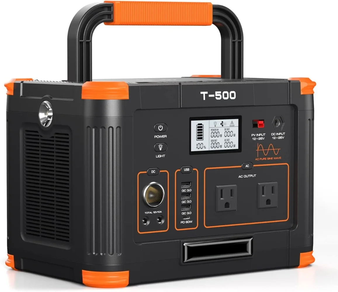 Portable Power Station 500W(Peak 1000W), 519Wh Outdoor Solar Generator Backup Battery Pack with 2 110V AC Outlets,