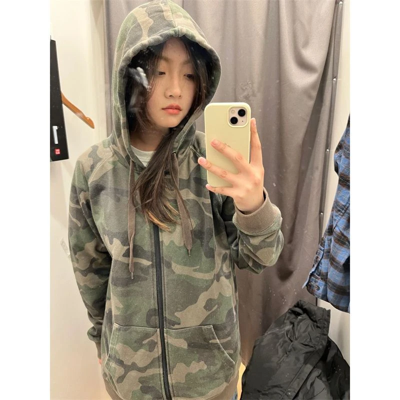 Military Green Womens Clothing Vintage Street Sweatshirt Y2K Camouflage Hoodie Cardigan Long Sleeves Warm Oversize Ladies Tops