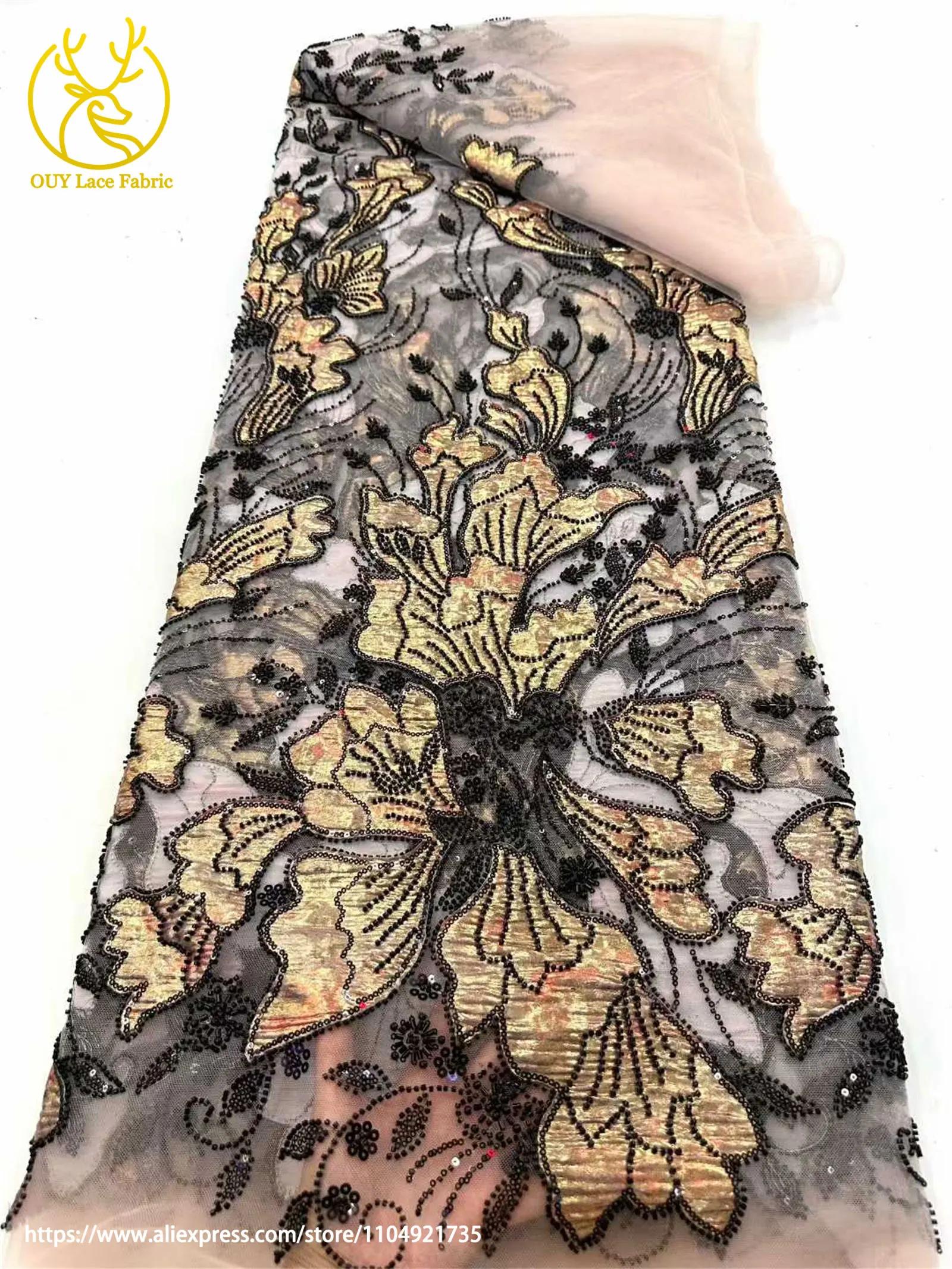 Afrikanischer Jacquard-Perlenstickerei-Spitzenstoff 2026 Französischer Tüll-Pailletten-Spitzenstoff für Damen-Hochzeitskleider Nähmaterial – Detail 6