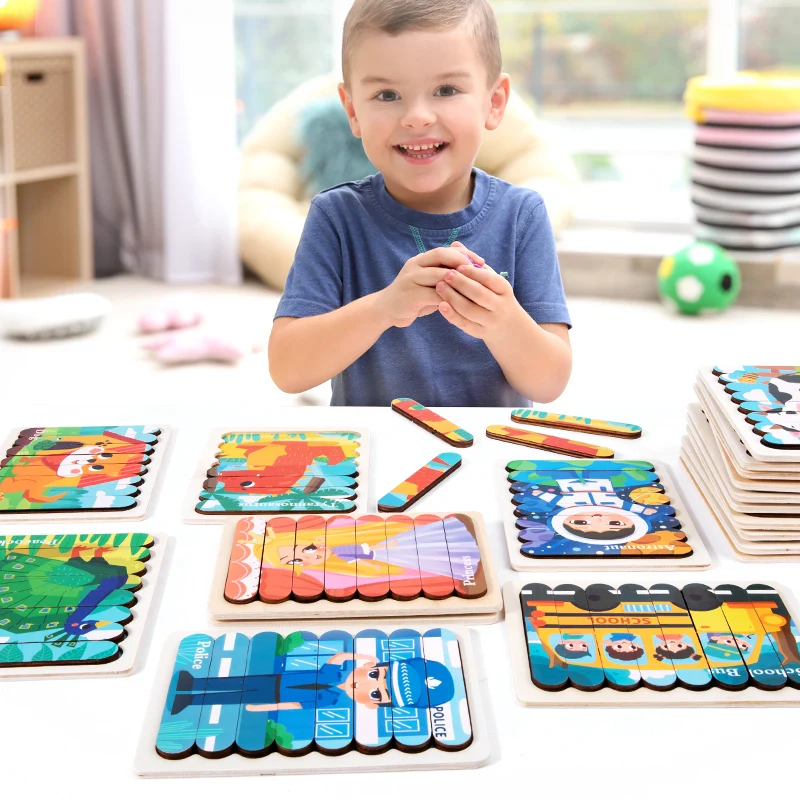 Cartoon Animal Double-sided Strip Wooden Puzzles Kids Montessori Jigsaw Game Baby Educational Toys for Children