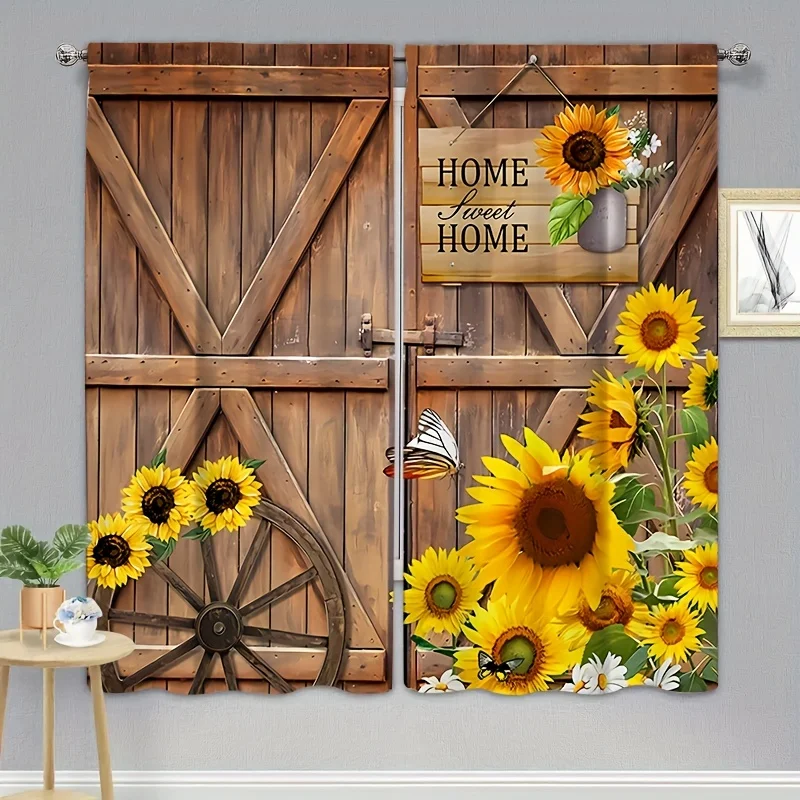 2pcs Sunflower Print Curtain - Rod Pocket Window Treatment for Home Decor, Bedroom, Office, Kitchen, Living Room, Study - Aesthe