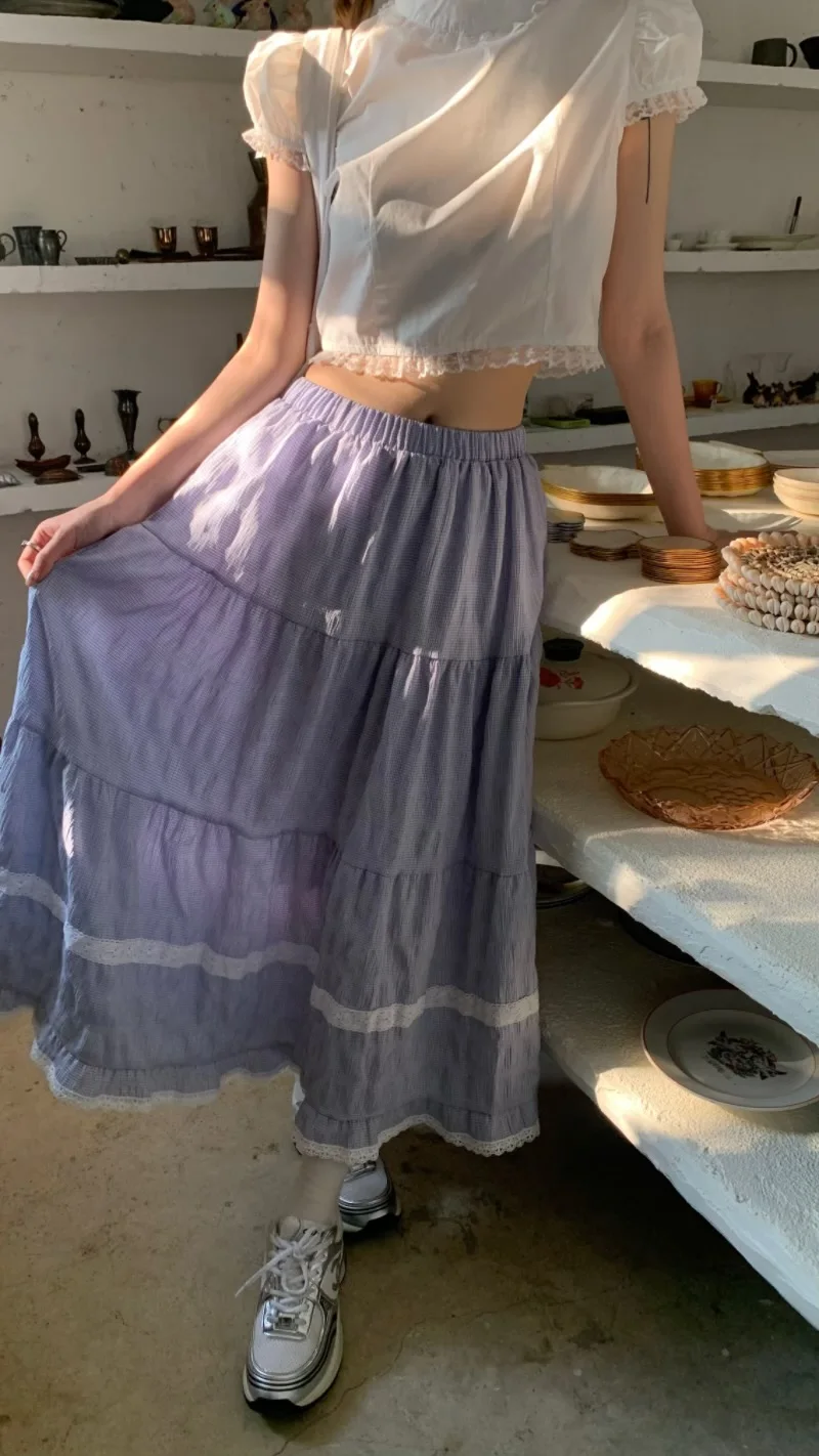 

Elastic Waist Cotton Plaid Skirt with White Lace Hem Midi Long Skirts Women Summer #e-girl fairycore 2000s aesthetic korean cute