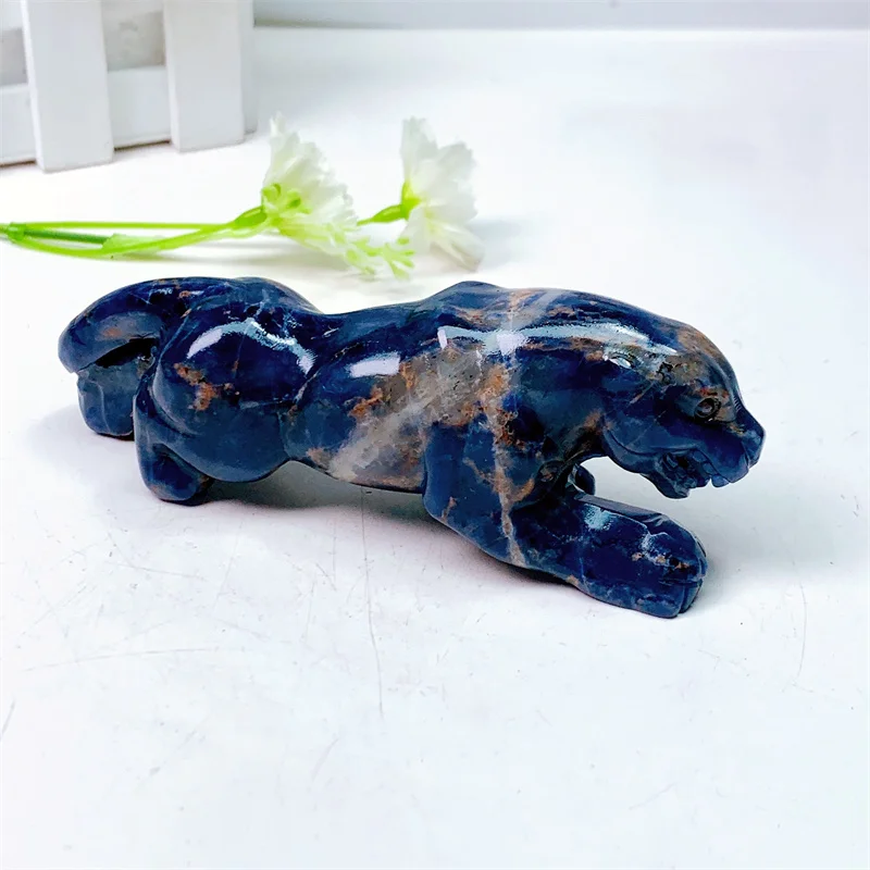 Natural Blue Sodalite Cheetah Hand Carved Animal Figurine Healing Energy Gemstone Crystal Crafts Christmas Gift 1pcs 11.7CM