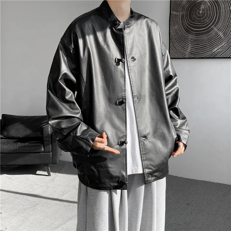 

New Chinese Sle Men's Loose PU Leather Jaet Motorcycle Top with Stand Collar Retro Buttoning Casual Faion Outerwear