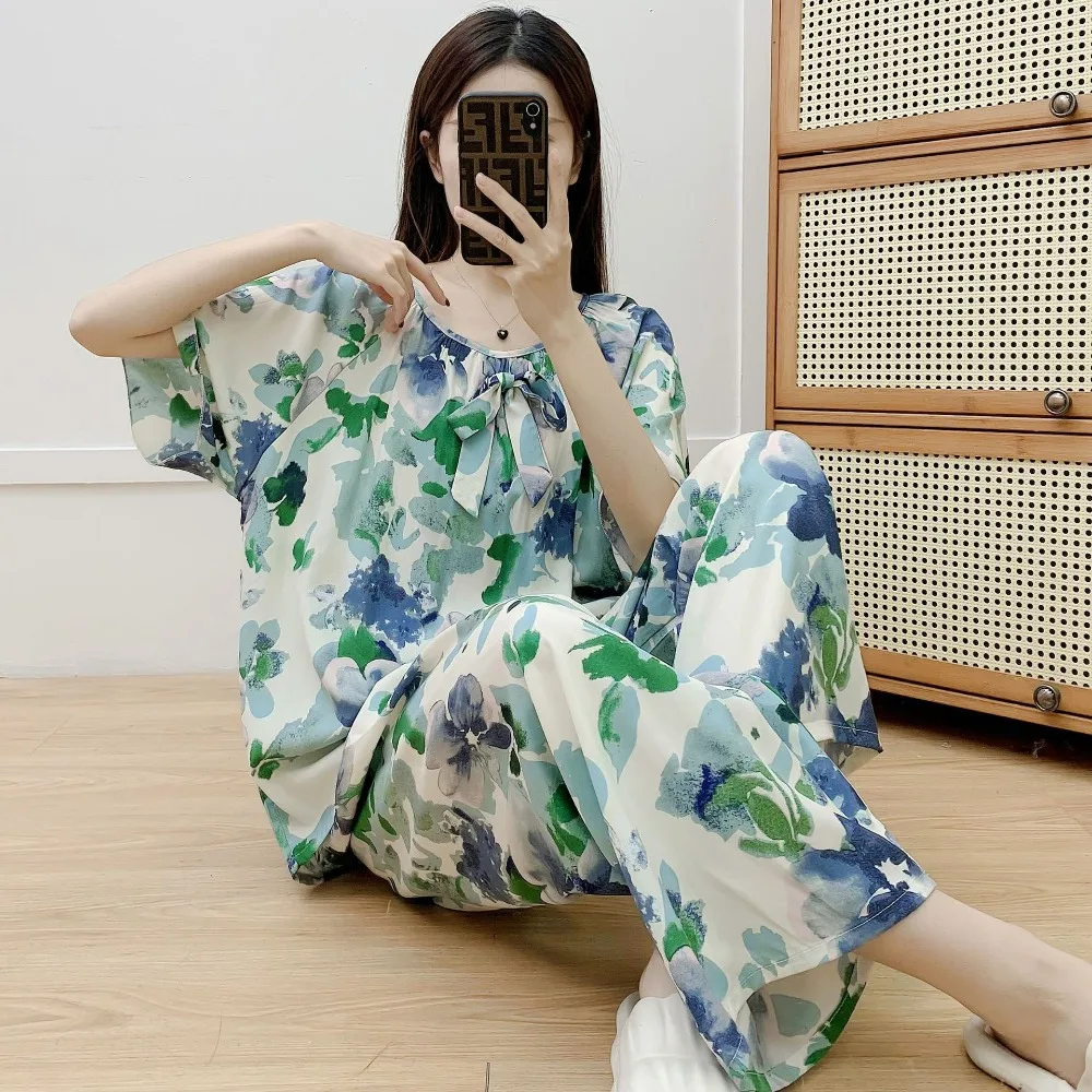 Summer Short Sleeve Sleepwear Women's Pajama Floral Sleeping Lounge Comfort for Homewear Pijama Set Night Wears for Females