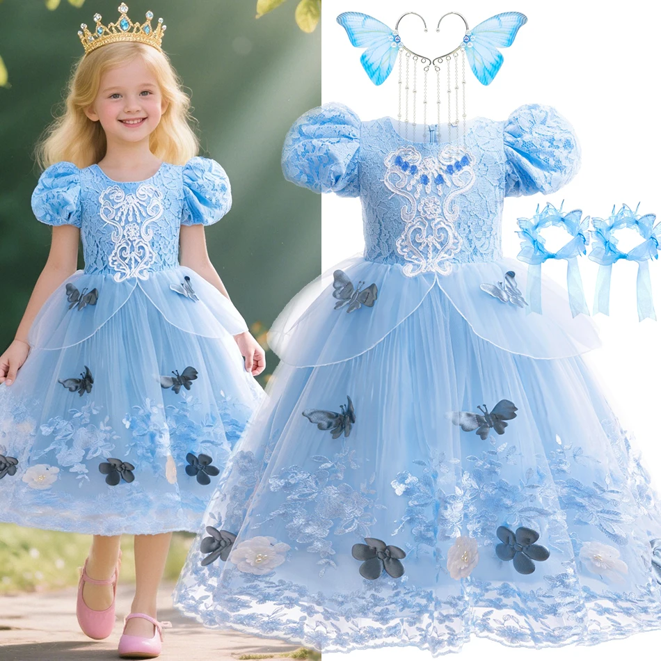 

Cinderella Dress For Girl Butterfly Applique Lace Princess Costume Halloween Carnival Party Fantasy Disguise Outfit Elegant Gown