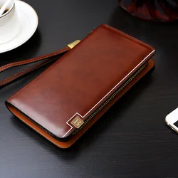 Vintage Men Clutch Bag Leather Long Purse Double Zipper Business Wallet For Husband Gift Black Brown Male Casual Handy Bags