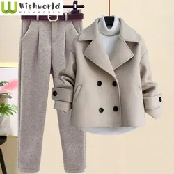 High Neck Knitted Sweater Pullover Flocked Jacket Jacket Wide Leg Pants Three Piece Elegant Women's Pants Set Winter Insulation