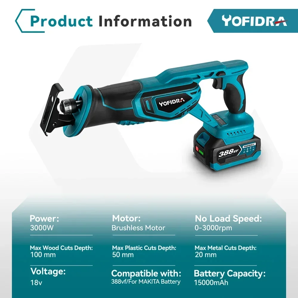 Yofidra Brushless Reciprocating Saw Handsaw Saber Multifunction Saw Metal Wood Pipe Cutting with 4 Blades For Makita 18V Battery