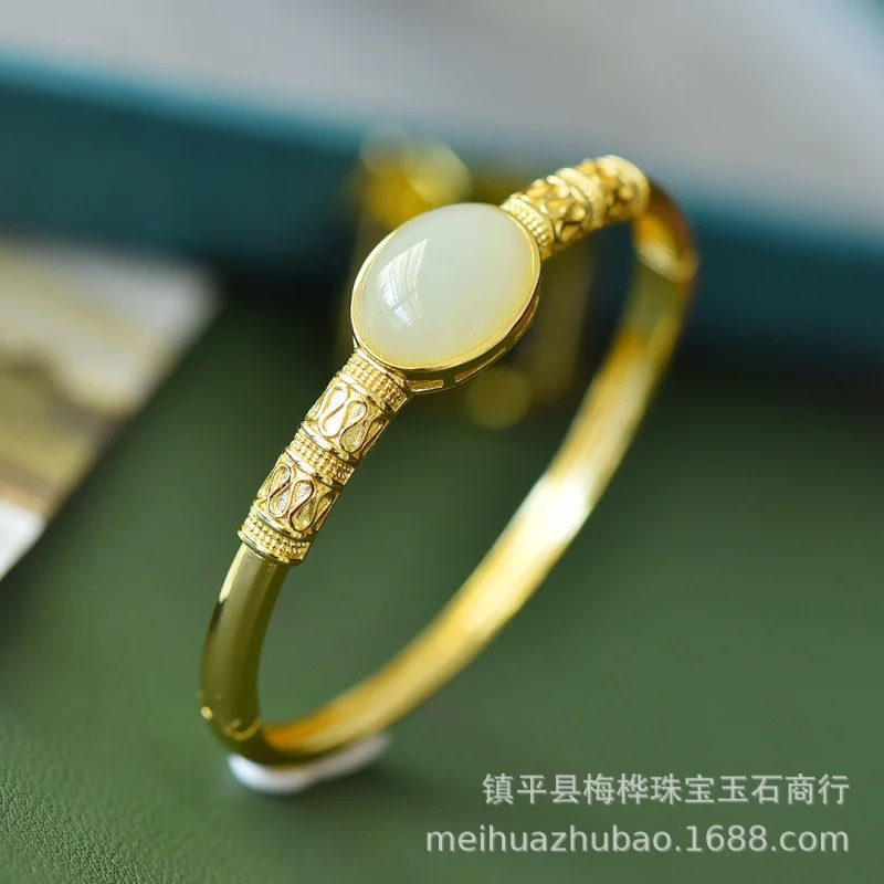 Natural Hetian Jade Ancient Method Inlaid Enamel Sachet Jasper Color Zircon Hollow Bracelet