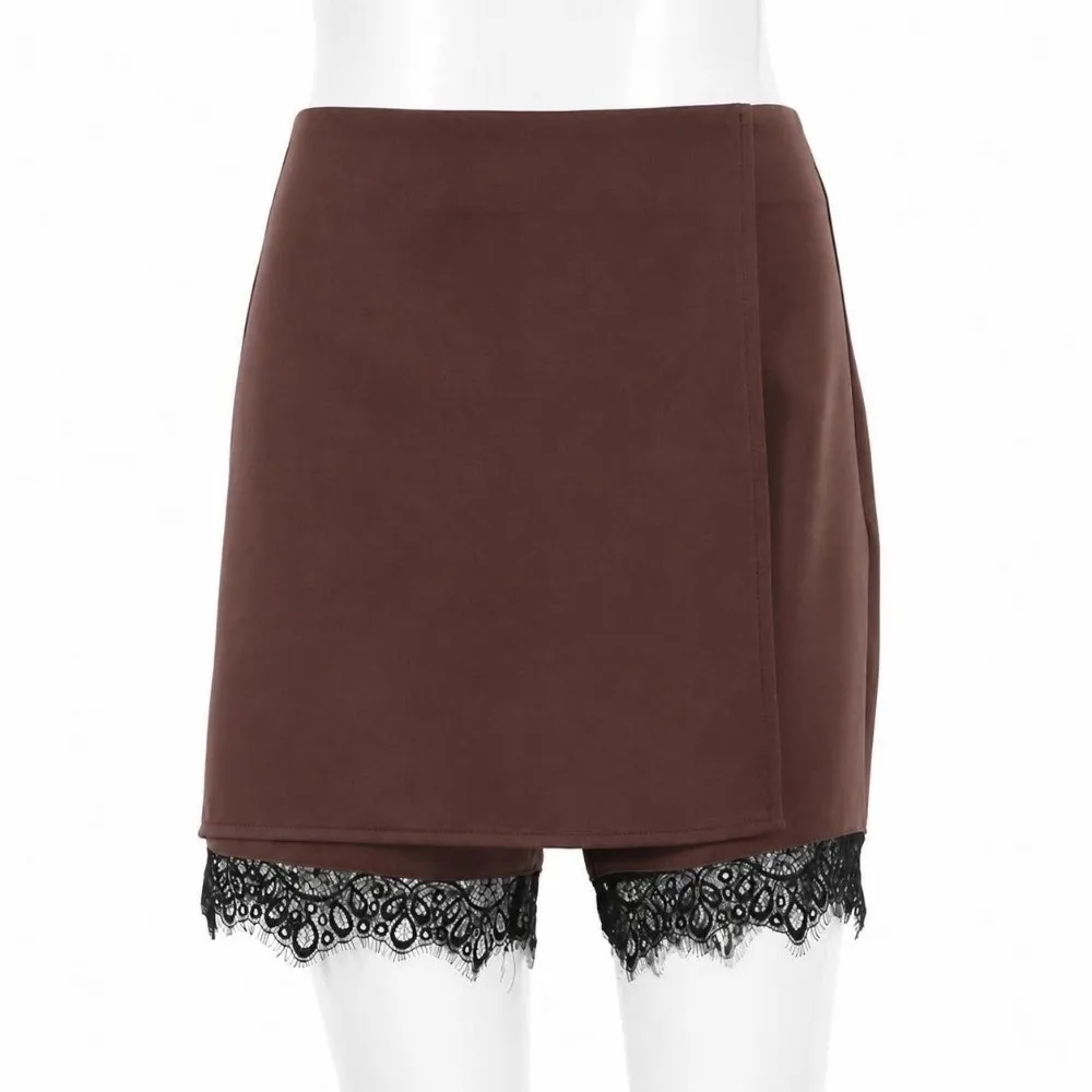 High Waist Women Lace Culotte Autumn Winter Splice Design Wide Leg Short Lace Craft Wide Leg Cut Ladies Short Pant Leisure Time