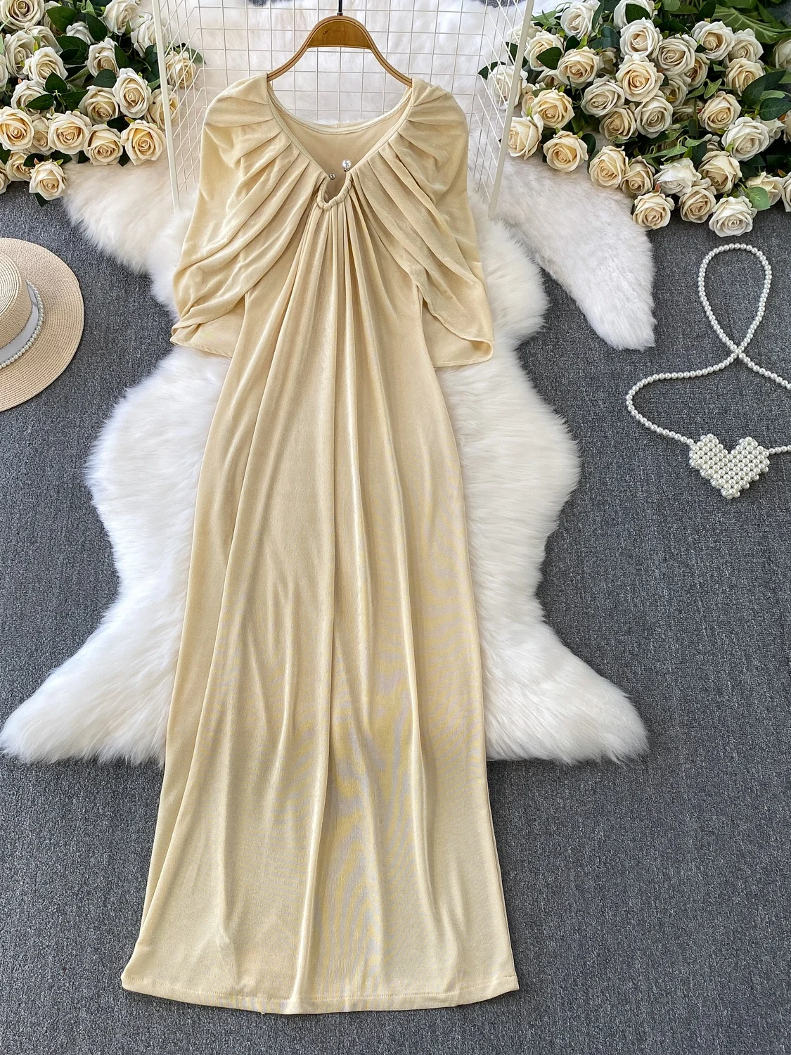 فستان طويل أنيق بياقة شال للنساء، تصميم عصري ضيق يصل إلى الركبة، مجموعة الخريف والشتاء للتنقل في المدينة