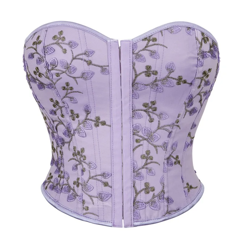 Roxo espartilho colheita topos floral bordado rendas até bustier overbust feminino espartilhos sem costas corpo shaper curto torso colete