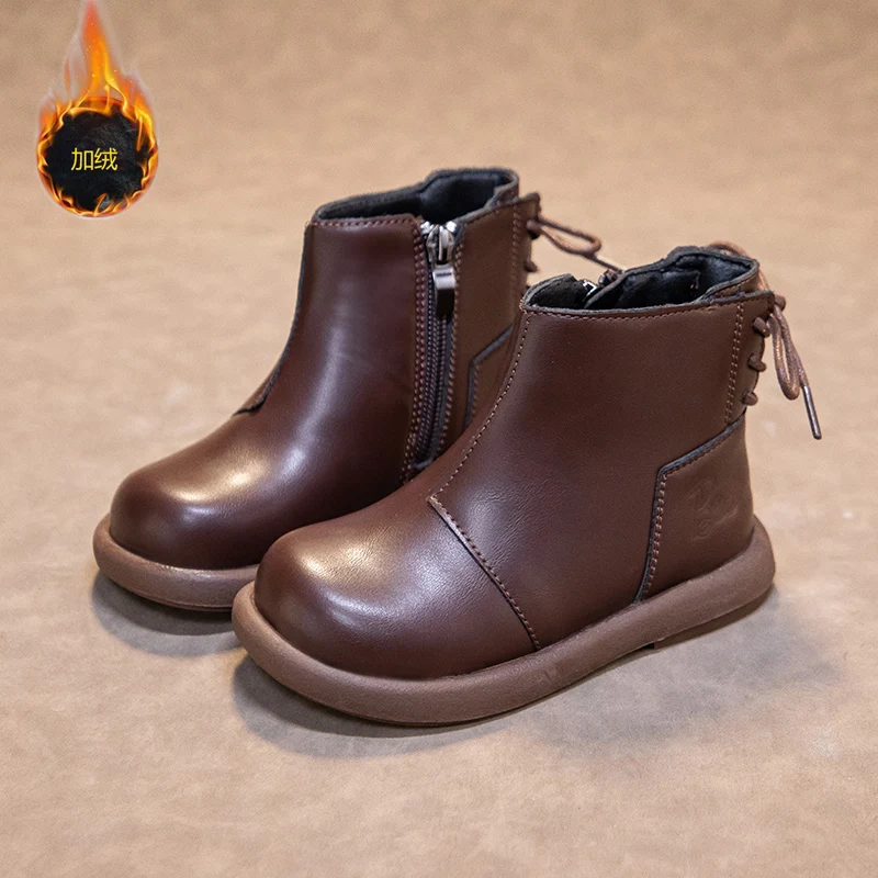 2025 جديد الأطفال أحذية بوت قصيرة أسلوب بسيط بنين بنات حذاء من الجلد الدافئة السببية الاطفال أحذية جلدية أنيقة الجانب سستة الدانتيل يصل #3