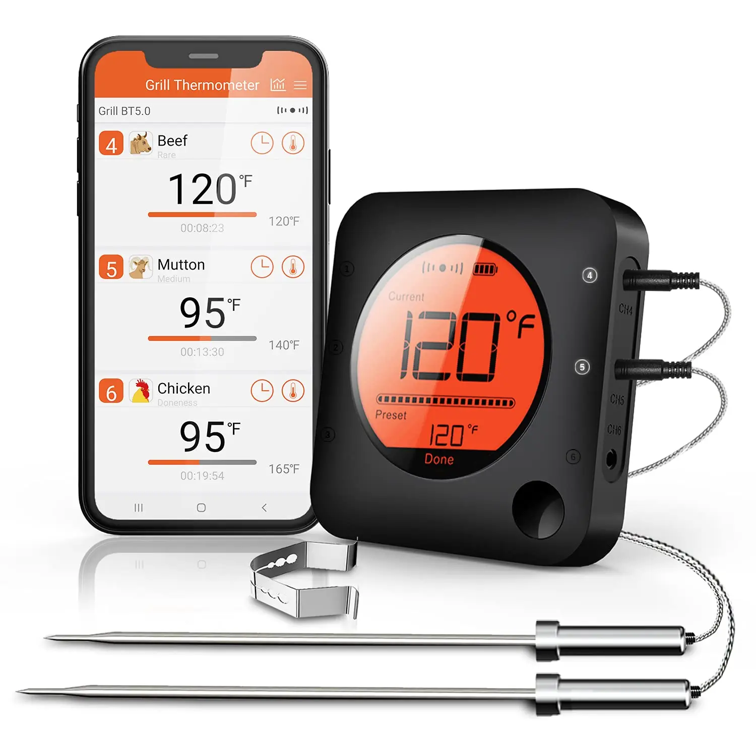 NONE Bluetooth-Fleischthermometer, digitales Grill-Küchenthermometer, unterstützt 6, Sonde für Smoker, Kochen, Grill, Ofen, Süßigkeiten 3