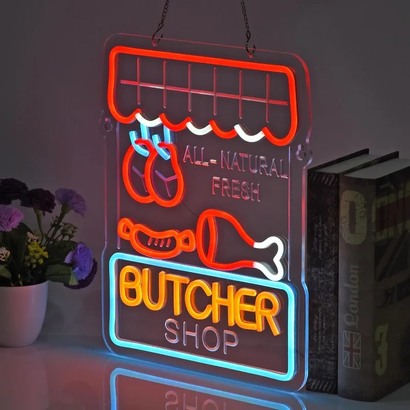 XM Butcher Shop Neon Light Wall Art Decor dla sklepu rzeźniczego Restauracja Jadalnia Kuchnia Ciężarówka Bar, Zasilany przez USB Ściemnialny