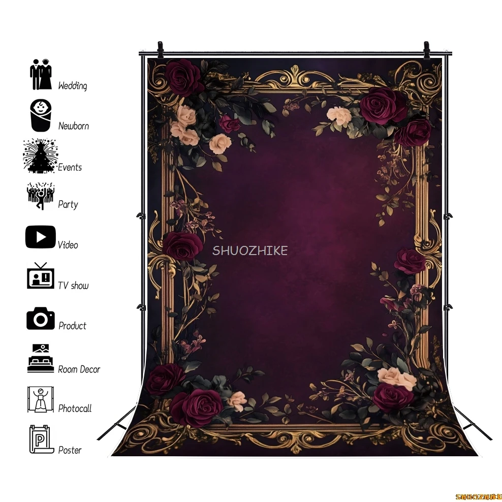 خمر الإطار الذهبي الزهور التصوير خلفية الظلام الأحمر الأزهار جدار الزفاف الكبار الاطفال صورة خلفية الصورة الحوامل
