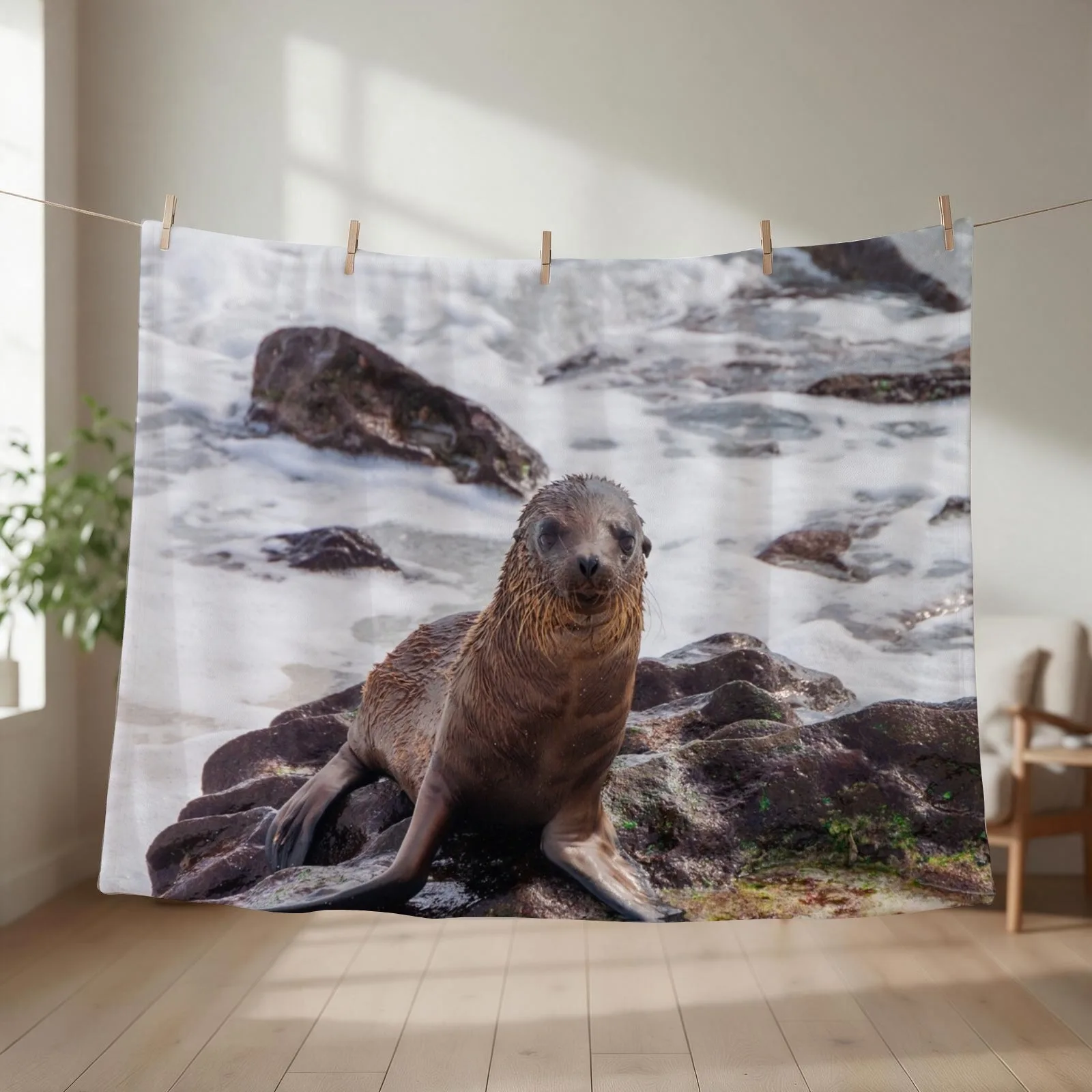 Sea Lion on the Shore Throw Blanket couch cozy soft plush fuzzy picnic outdoor blanket