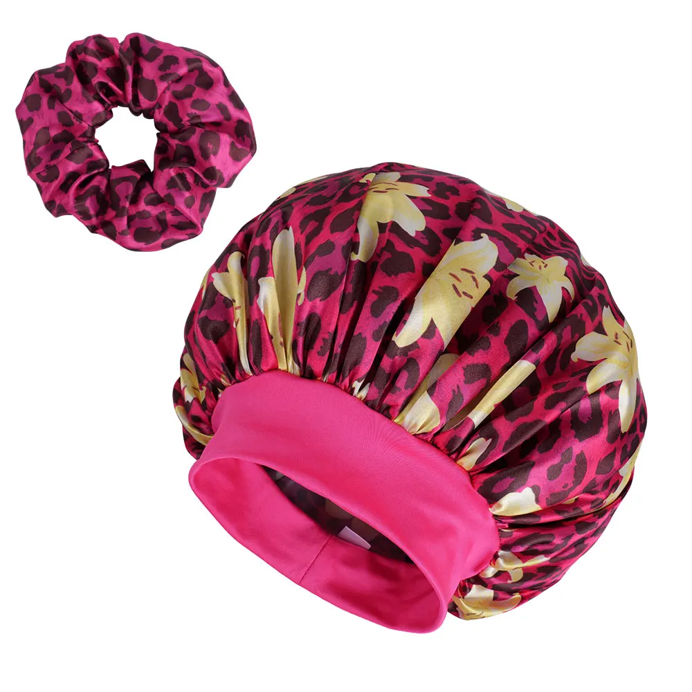 2pcs Hair Bonnet Set with Scrunchies, Flower and Leopard Print Soft Night Cap for Sleeping and Hair Care Satin Bonnet