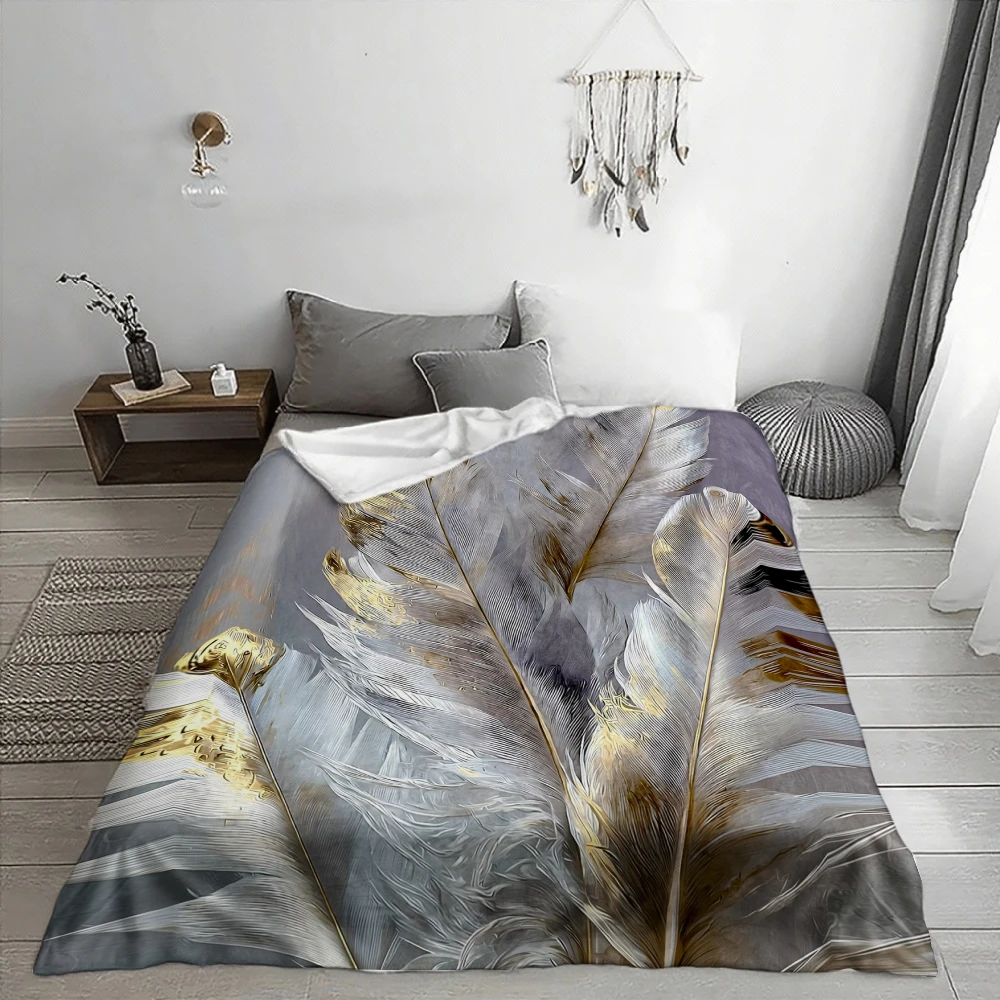 Golden Feather Art, Home Decor Gift, Soft Blanket, Grey And Golden Design, Multi-Purpose Use, Cozy Comfort