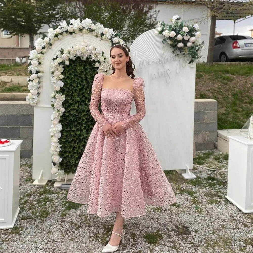 

Luxury Sequined Prom Dresses for Engagement Sheer Neck Long Sleeve Party Gown Ankle Length Bead Birthday Party Wear Button Back