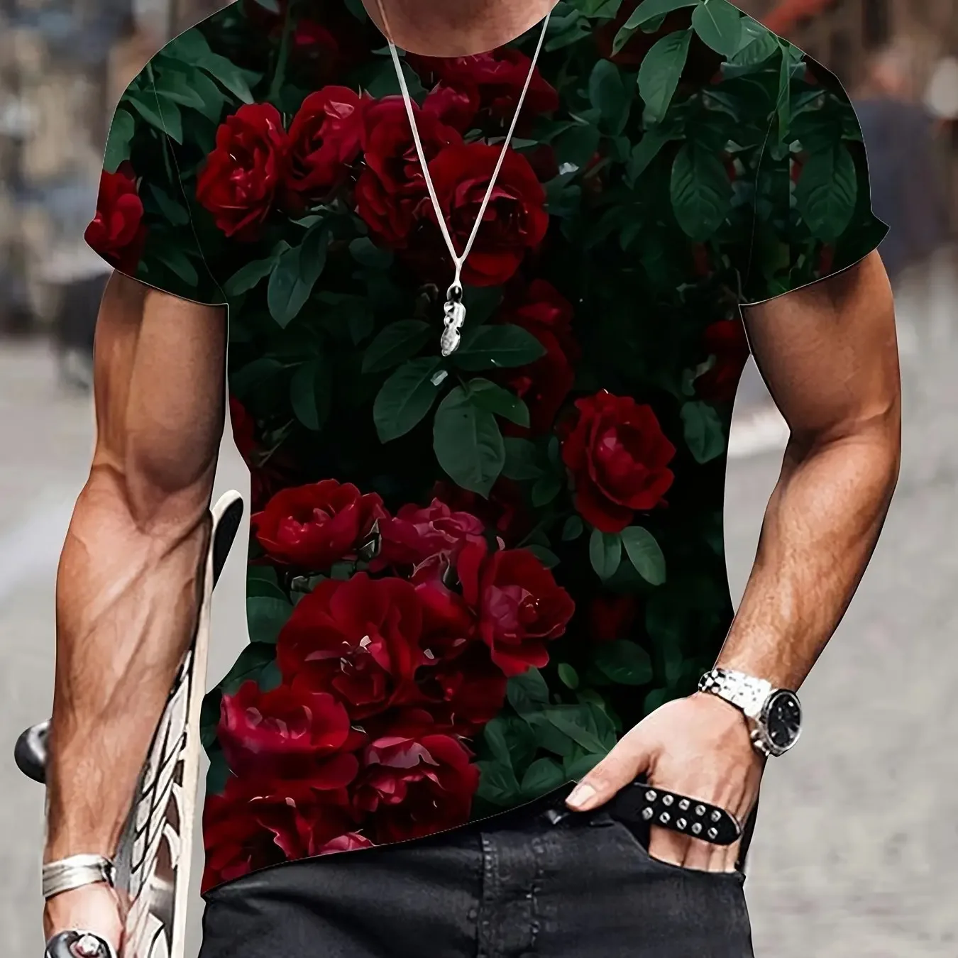 Rose T-shirt New Men's Cherry Blossom Men's T-shirt 3D Printed Pattern Short Sleeve Summer Oversized Short Sleeve Fashion Top