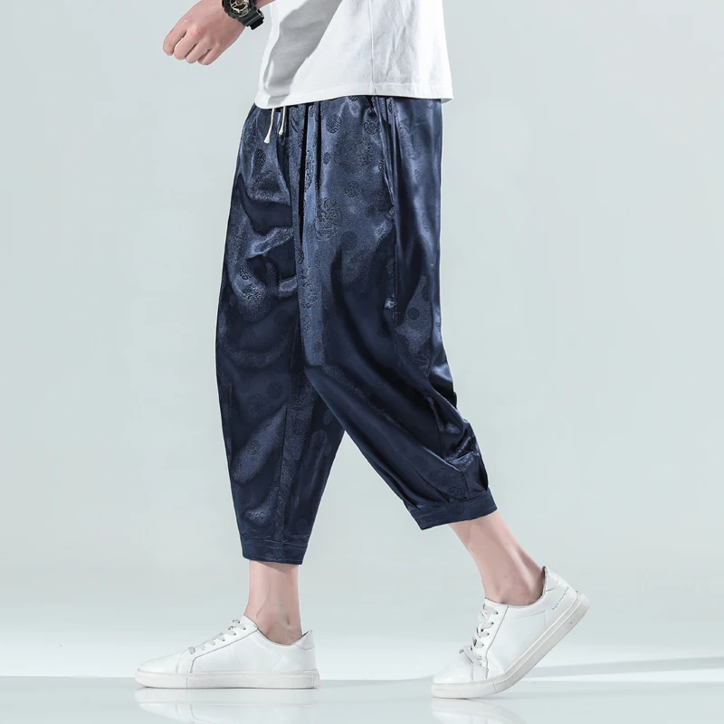 Chinese Style Summer Ice Silk Pants Men Fashion Dragon Print Fashion Dragon Print Casual Pants Women Plus Size Calf Length Pants