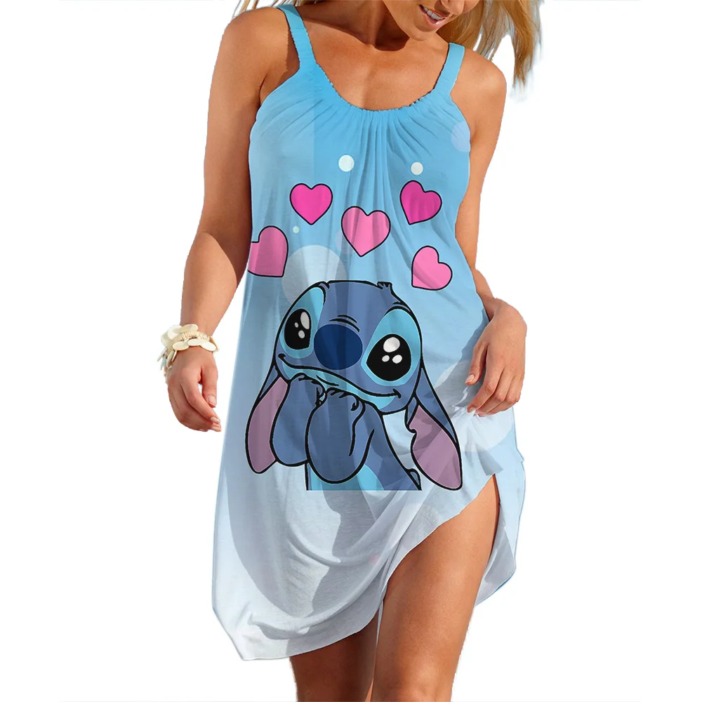 Nowe letnie dziewczyny Disney Stitch moda damska sukienka na ramiączkach kobiety seksowna luźna nadmorska odzież plażowa fajna sukienka bez rękawów szybkoschnąca