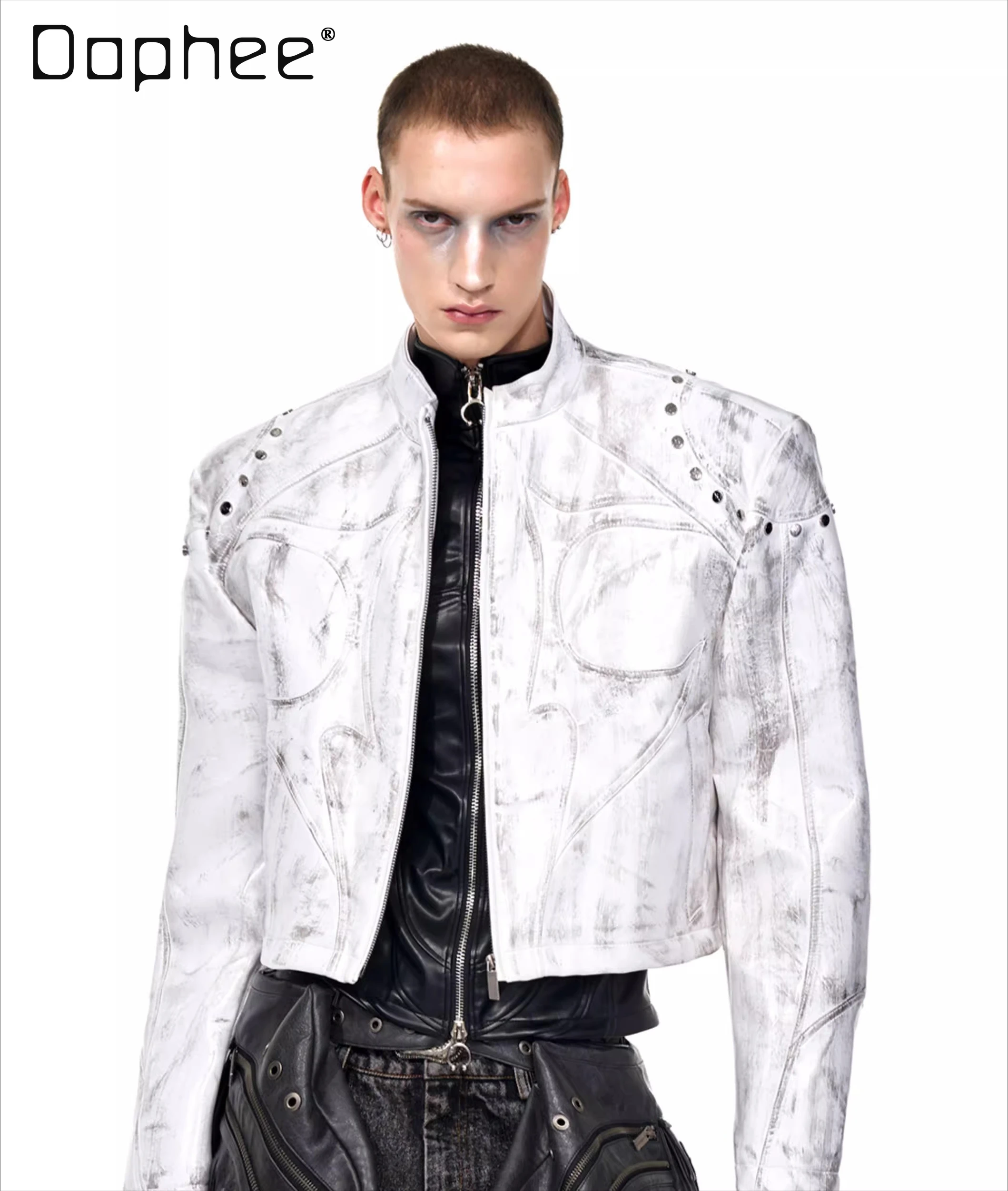 

Autumn Winter New Red Black Short Stand Collar Padded Shoulder Faux Leather Jacket Handsome White Motorcycle Quilted Jacket