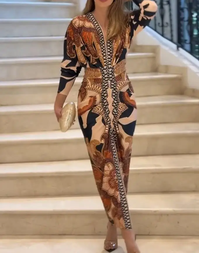 

Women's Fashion Dress 2025 Summer Latest Vintage Baroque Long Sleeve Bodycon Dress Casual Plunge V Neck Slim Fit Midi Dress