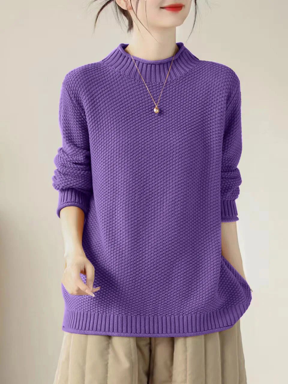 

Loose Large Size Women's Long Sve Knitted Cotton Sweater Casual Versatile Overhead Knitwear Autumn Winter f High Collar