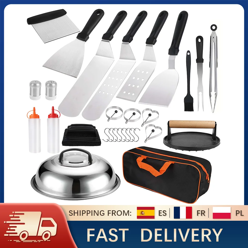 Kit d'accessoires pour barbecue 29 pièces, spatules en acier inoxydable, presse à hamburgers, pinces, brosse, outils de cuisson pour barbecue extérieur, cadeau