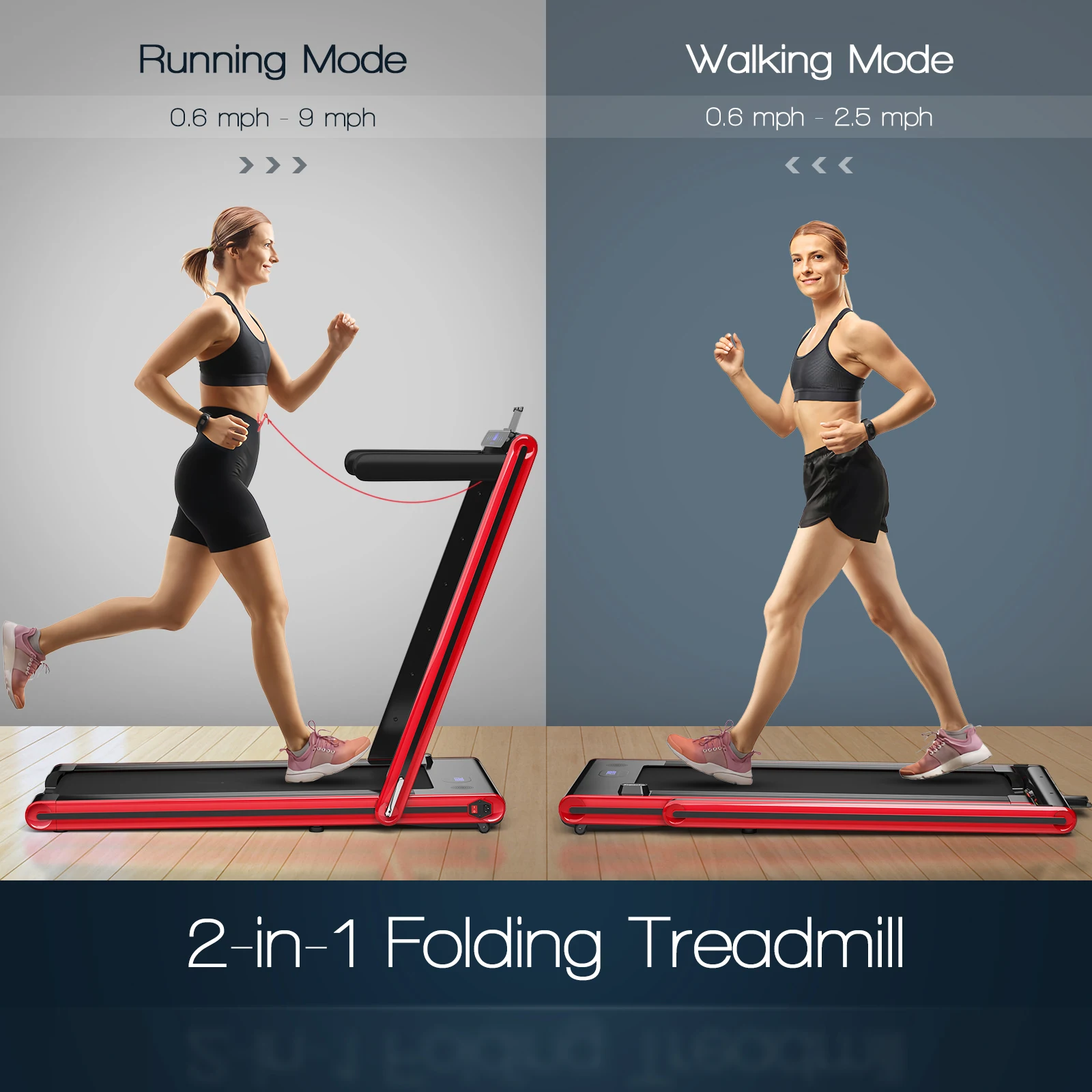 2-in-1 Folding Treadmill 2.25HP Jogging Machine w/ Dual LED Display Red