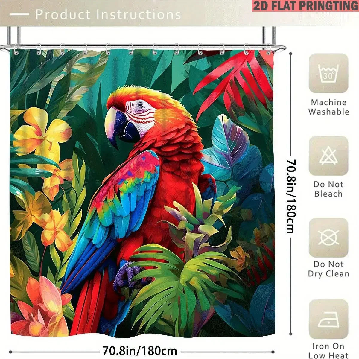 4pcs Shower Curtain and Bath Mat Set with pattern Parrot Tropical Flowers Jungle Leaves Non-Slip Bathroom Decor