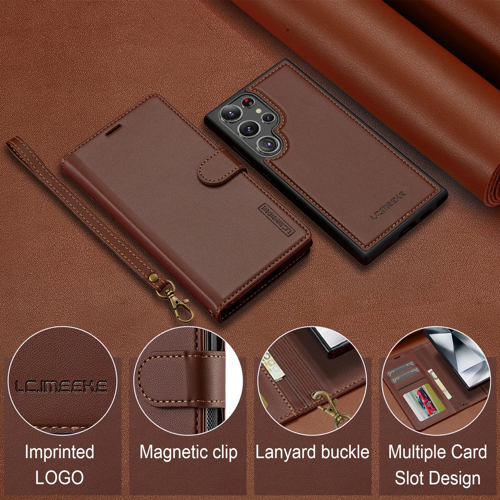 Skórzane etui z klapką i magnetycznym zamknięciem do Samsunga S26/S25/S24 Ultra/S23/S22 Plus/S21 FE A17/A16/A36/A56/A15/A35/A55/A54/A34 — zdjęcie produktu 6