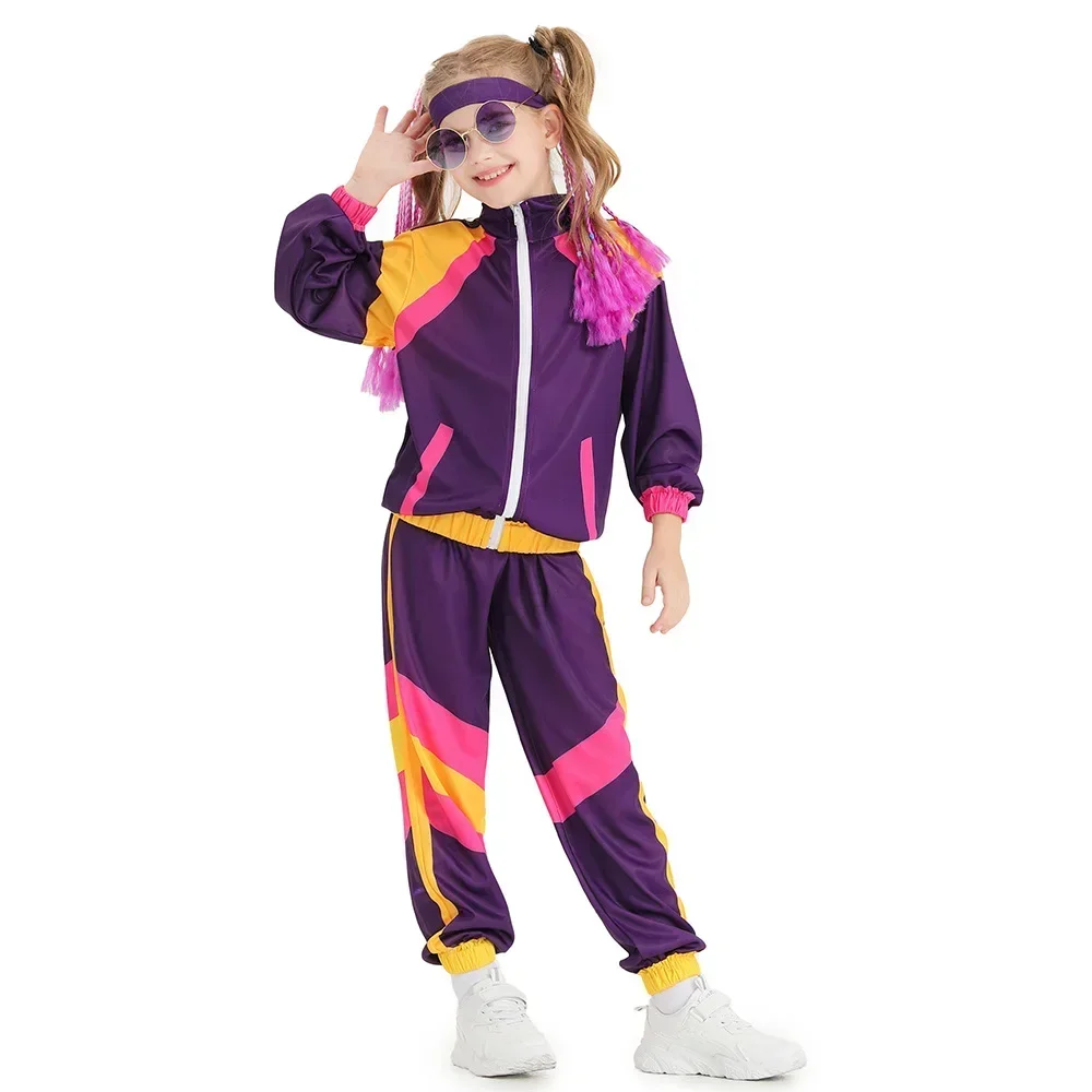 

Kids Boys Girls 80s Tracksuit Hip Hop Costume Top Pants Sets Outfit Retro Disco Dance Sportswear Blue Pink Baseball Uniform