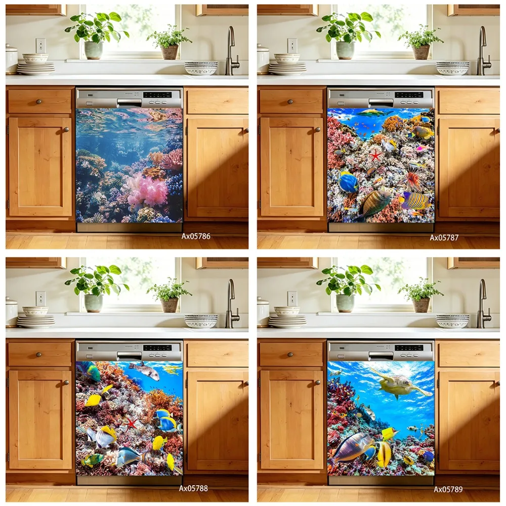 Vibrant Ocean Underwater Coral Tropical Fish Dishwasher Sticker Self Adhesive Coastal Nautical Cabinet Washer Aesthetics Decor