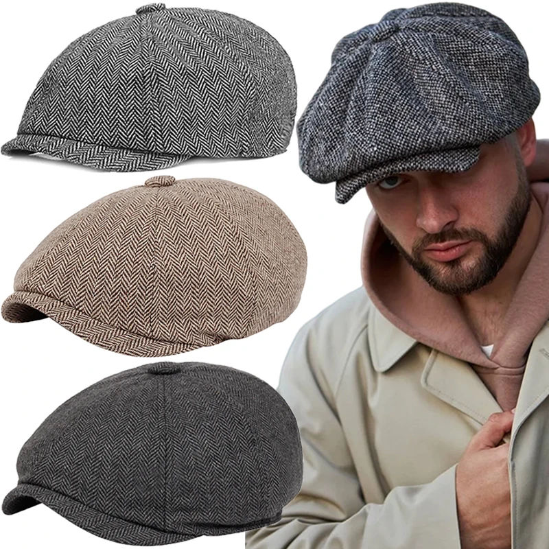 Vintage Men Tweed  Hat Beret Herringbone Gatsby Hats Street Caps Peaked Octagonal Brim Caps Winter Spring British Berets