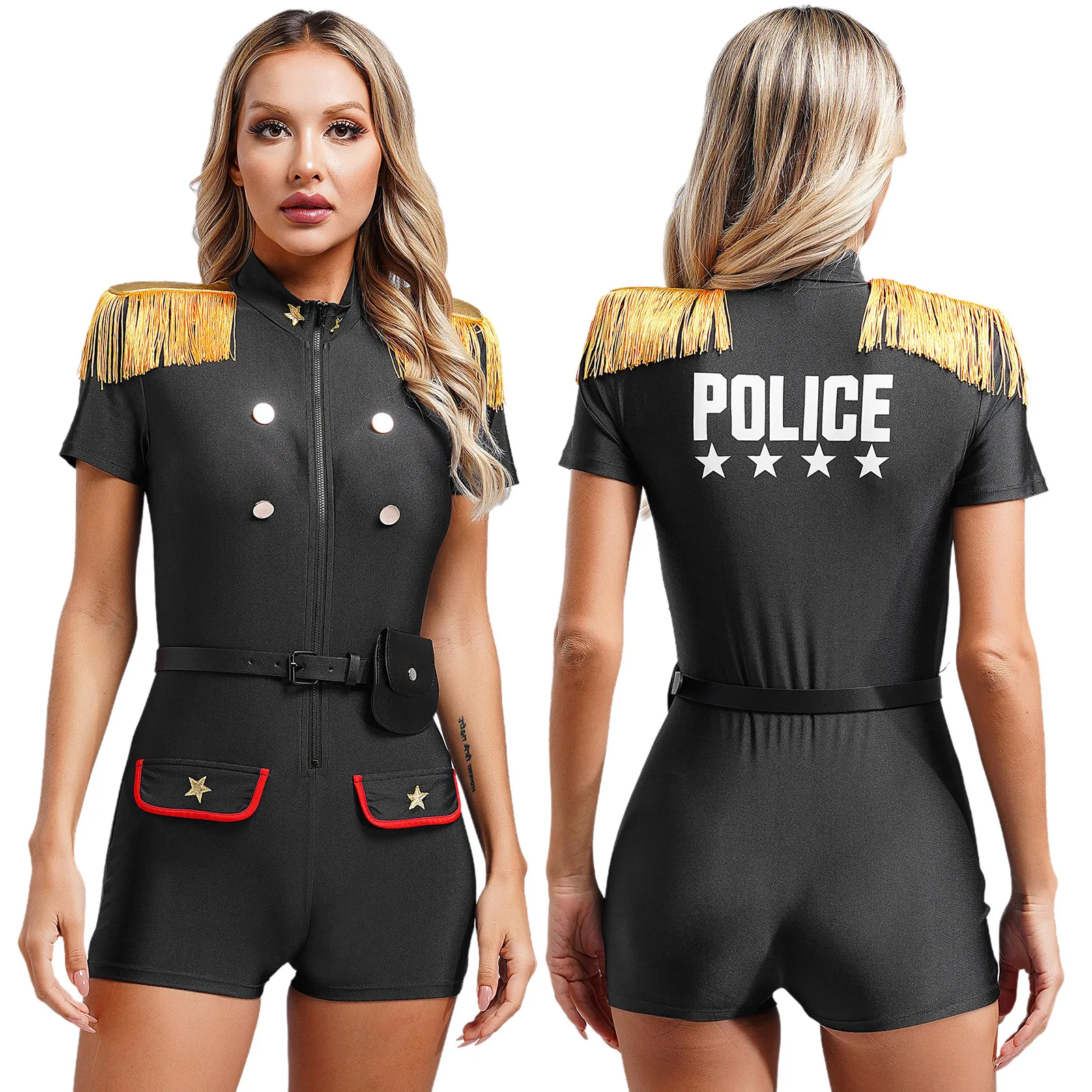 Womens Dirty Cop Officer Policewoman Halloween Cosplay Costume Set Policeman Uniform Gold Buttons Stars Bodysuit Romper Outfits