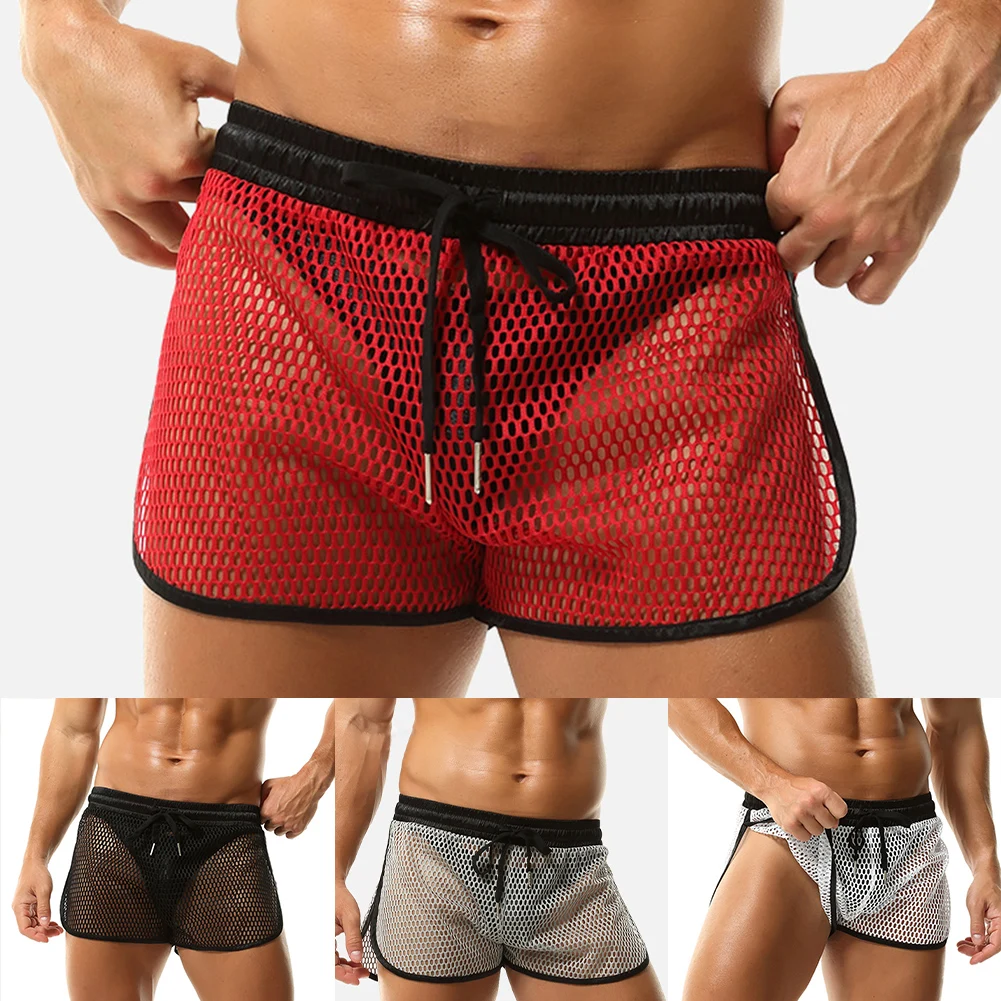 

Mens Mesh Fishnet Transparent Shorts Side Split Loose Trunks Lounge Home Shorts