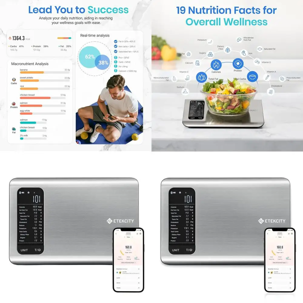 

Кухонные весы с калькулятором пищевой ценности, 19 показателей, счетчик калорий, цифровое измерение веса в граммах и унциях, нержавеющая сталь, максимальная нагрузка 11 фунтов.