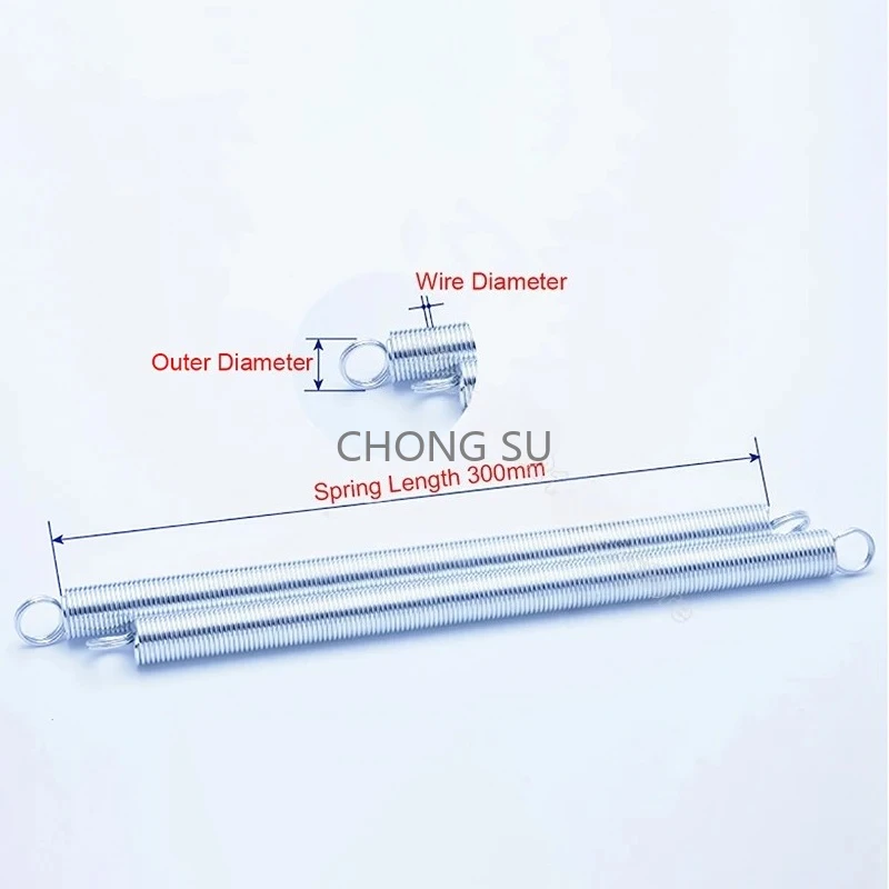 Length 300mm Galvanized Tension Spring Expanding Extending Spring Double Loop Stretching Spring O Ring Hook Wire Dia 0.3-1mm