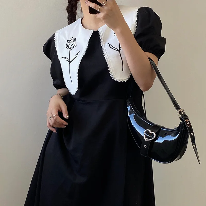 

2024 Y2K Fashion Women's Hobo Bags Ladies Black Soft PU Leather Underarm Shoulder Bags Female Love Lock Half Moon Purse Handbags