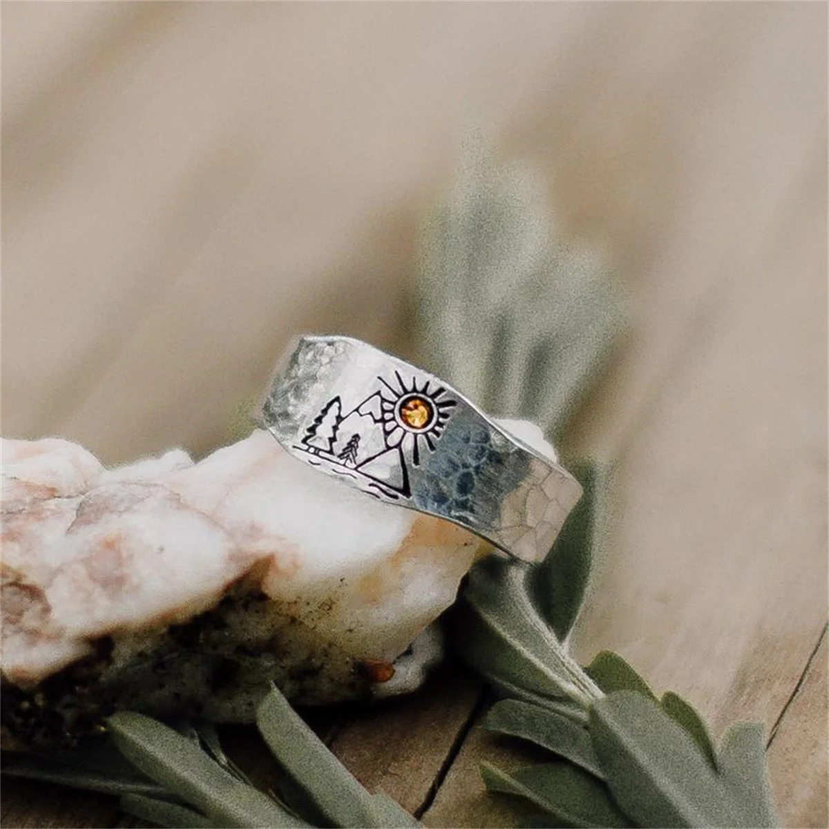 Vintage Forest Mountain Sunset Nature Landscape Carved Rings for Women Men Open Adjustable Finger Ring Aesthetics Jewelry Gifts